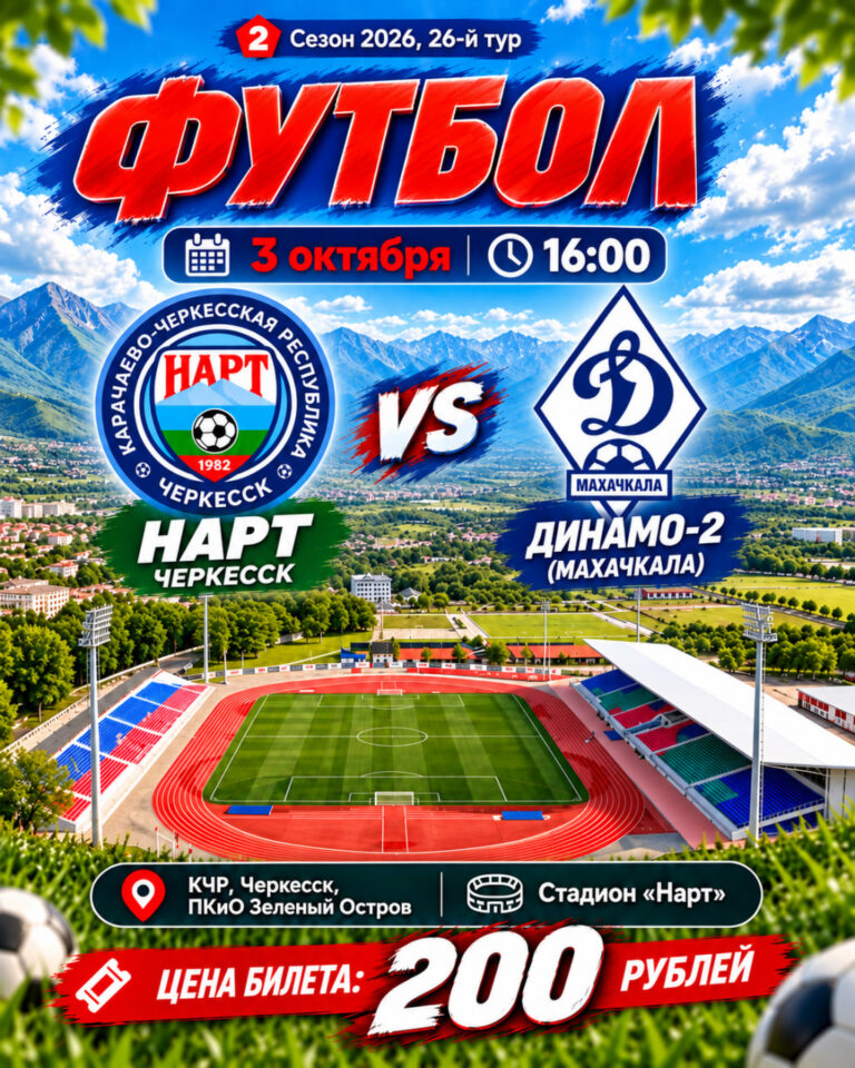 Афиша матча «Нарт» — «Динамо-2» (Махачкала): 3 октября 2026 года, 16:00, стадион «Нарт» в Черкесске. Билет — 200 рублей.